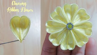 Kanzashi ribbon flower tutorialSatin ribbon craftRibbon flowers easyDiy flower making [upl. by Woodman529]