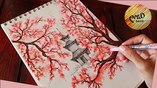 Brush Pen Art  How to Draw Cherry Blossom and Tree Branches with Brush Pen  Easy Flower drawing [upl. by Zawde]