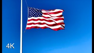 Large American Flag Waving in the Wind Sound Effect and Stock Video  Solid Blue Sky Background  4K [upl. by Therese]