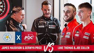 James Maddison and Luke Thomas play doubles darts with Gerwyn Price and Joe Cullen 🦊🎯 [upl. by Tem]