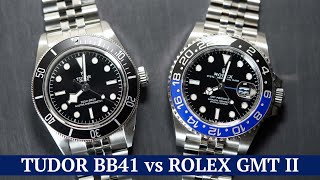 Tudor vs Rolex  A detailed visual comparison  Black Bay 41 Monochrome amp GMT Master II Batgirl [upl. by Sebastian]