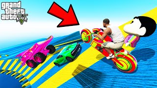 FRANKLIN TRIED IMPOSSIBLE COLOURFUL ROAD MEGA RAMP PARKOUR JUMP CHALLENGE GTA 5  SHINCHAN and CHOP [upl. by Esinek329]