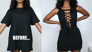 DIY Lace Up Bodycon Dress  TShirt Transformation [upl. by Berton324]