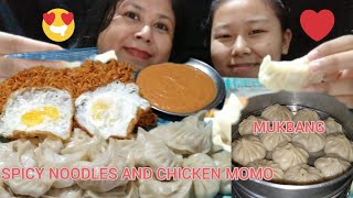 SPICY NOODLES AND CHICKEN MOMOYUM SPICY NOODLES AND CHICKEN MOMO MOTHER AND DAUGHTER EATING SHOW [upl. by Cheung]