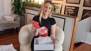 Catie Unboxes Red 6 Inch High Heel Mule Platform Shoes With Rhinestone Butterfly Bow Strap [upl. by Kaia]