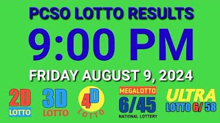 9pm Lotto Results Today August 9 2024 ez2 swertres 2d 3d pcso [upl. by Johnny]