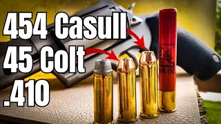 45colt vs 454 casull vs 410  Ballistics Gel  Taurus Raging Judge Magnum [upl. by Nalloh340]