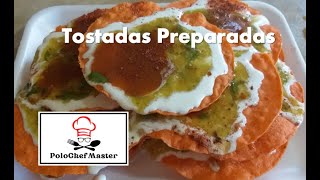 Tostadas preparadas con salsa verde salsa botanera crema chile en polvo [upl. by Philly]