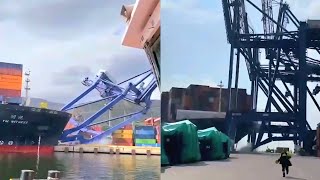 Container ship crashes into cranes different angles [upl. by Ytisahcal]