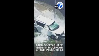 Police chase ends in multivehicle crash in South LA car ends up on top of sheared fire hydrant [upl. by Aihpos]