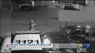 Surveillance video shows a driver ram into a Tulare Police patrol car [upl. by Armat]