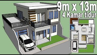 Desain rumah minimalis 9x13  2 lantai  4 kamar tidur [upl. by Mariand]