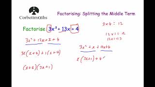 Splitting the Middle Term  Corbettmaths [upl. by Arinay]