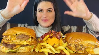 BIG JUICY BURGERS amp CHEESE BACON FRIES  MUKBANG  ASMR  EATING SOUNDS [upl. by Dionisio]