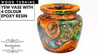 Woodturning  Yew Vase with 4 Colour Epoxy Resin  Restoration DIY [upl. by Novehs]