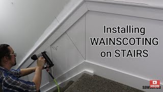 How To Layout Cut And Install Wainscoting On Stairs wainscoting miter bevel [upl. by Elsa]