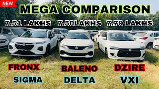 Dzire Facelift 2024 Vxi vs Baleno Delta vs Fronx Sigma  Detail Comparison 🔥 [upl. by Metts]