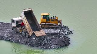 Incredible SHANTUI and Wheel Loader SDLG Push Rock And Sand In lake with SHACMAN Transporting Rock [upl. by Atiuqihs]