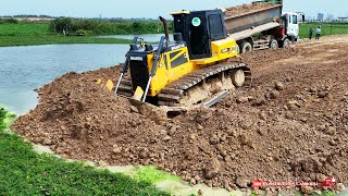 Amazing SHANTUI DH17c2 Bulldozer push gound hard amp Hyundai 25t Dump Truck building road across water [upl. by Giordano]