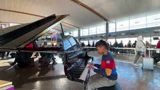 Interstellar Main Theme Piano Rendition at Oslo Lufthavn Airport by 9year old Aydan Daniyal [upl. by Zeeba]