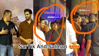 Kartik Aaryan Sara Ali Khan Hug Each other and Salman khan looks at them at Gadar2 bash [upl. by Ahron]