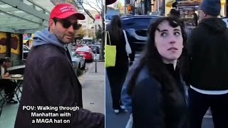 Man ‘side eyed’ after walking streets of Manhattan in a MAGA hat [upl. by Shieh]