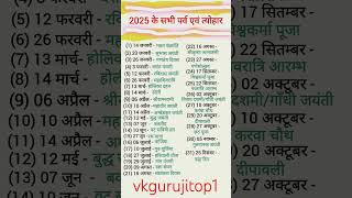 2025 Ka Festival list2025 के सभी पर्व त्योहारHindi calendar 2025 पर्व त्यौहार संपूर्ण तिथियां [upl. by Lesly840]