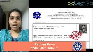 Padma Priya CSIR NET Topper JRF Rank 51 reviews BioTecNikas CSIR NET coaching [upl. by Brittan950]