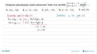 Himpunan penyelesaian sistem persamaan linear dua variabel 7x3y5 5x2y1 adalah [upl. by Ymas]