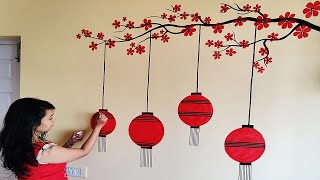 Wall Painting Idea Using Acrylic Color I Red Flower Decoration on Yellow Wall I Home Decor [upl. by Nirihs]