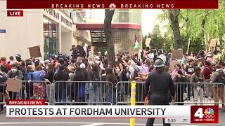 Protests underway at Fordham University as cops in riot gear stand nearby  NBC New York [upl. by Ahsak]