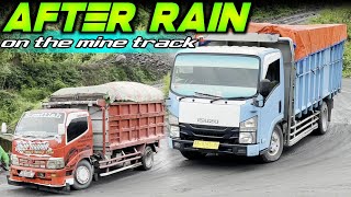 OVERLOADED Isuzu nmr 71 and Toyota Dyna trucks after rain on Merapi mountain sand mining track [upl. by Aniluap]