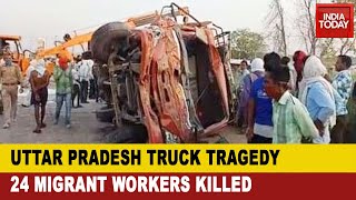 Truck Collision In Auraiya District Uttar Pradesh  24 Migrant Labourers Killed And 19 Injured [upl. by Shear701]