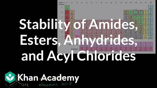 Relative stability of amides esters anhydrides and acyl chlorides  Khan Academy [upl. by Aneer]