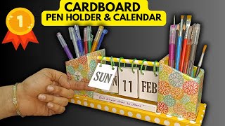 DIY CARDBOARD DESK CALENDAR  Pen Holder Organizer with Calendar  Cardboard Craft Ideas Art amp Craft [upl. by Osana]