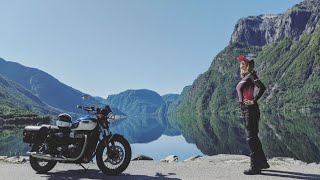 Western Norway roads  solo female motorcycle trip on Triumph Bonneville T100 across Scandinavia [upl. by Korff756]