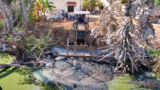 New project land filling in village using bulldozer pushing soil and dump truck unloading soil [upl. by Lauryn]