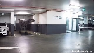 Employees Freak Out CoWorkers With Realistic Dinosaur in Parking Garage [upl. by Novej420]