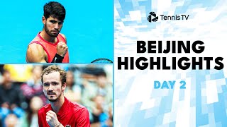 Alcaraz Plays Mpetshi Perricard Medvedev Rublev amp Monfils Feature  Beijing 2024 Highlights Day 2 [upl. by Amitie]