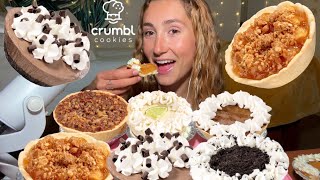 ASMR CRUMBL PIES review and mukbang  cookies n cream pecan apple pumpkin french silk key lime [upl. by Nylhtiak281]