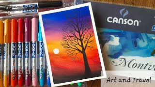 Evening Scenery and Tree Silhouette Watercolor Art with DOMS Brush Pens  Art and Travel [upl. by Asilanna]