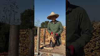 Farmer using wood splitter machines cutting wood woodworking [upl. by Murdoch]