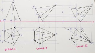 Projections Of SolidsPentagonal Pyramid  Inclined to Both H PampVP [upl. by Nohtanoj]