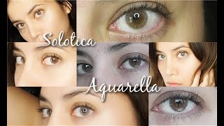 ALL 5 SOLOTICA AQUARELLA CONTACTS ON BROWN EYES 2020 CLOSE UP [upl. by Oznofla]