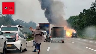 Video zeigt heftige Explosion auf A2  Gefahr ist noch nicht gebannt [upl. by Eiliah]