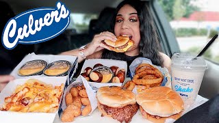 FIRST TIME TRYING CULVERS MUKBANG bacon deluxe cheese curds pretzel bites chili fries custard [upl. by Davine]