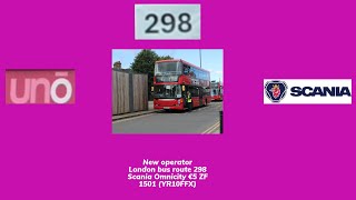 New operator  London bus route 298  Scania Omnicity €5 ZF  1501 YR10FFX [upl. by Notgnihsaw]