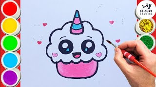 How to draw a beautiful unicorn cupcake🧁  Birthday cake design and coloring for kids [upl. by Ajay]