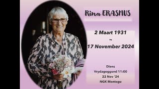 Begrafnis Rina Erasmus 22 November 2024 om 11h NGK Montagu [upl. by Sonnnie]