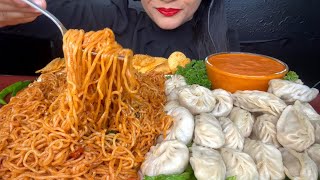 ASMR EATING SPICY NOODLESCHICKEN MOMOVEG MOMOLAYS CHIPS FOODVIDEOS [upl. by Etheline]